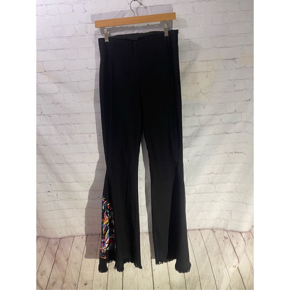 Judith March Bird of Paradise Flare Pull On Pants Size M Black Embroidered
